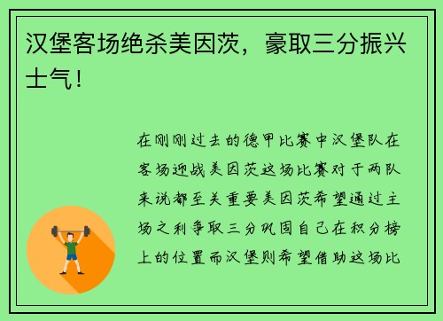 汉堡客场绝杀美因茨，豪取三分振兴士气！